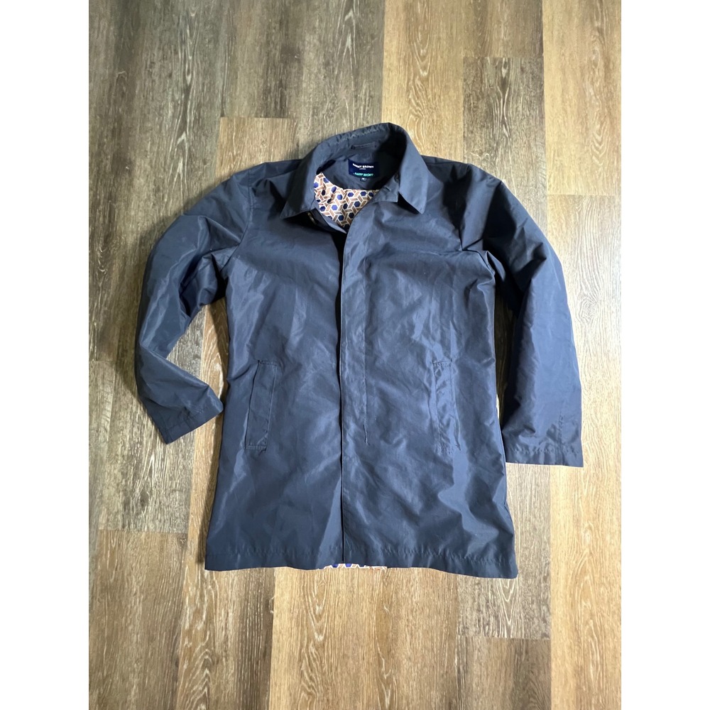 Harry Brown Mac Coat Mens M Navy Blue Excellent Geometric Lining Trench Jacket